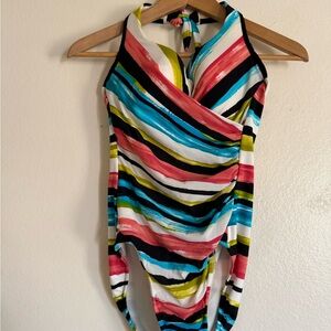 Magic Suit Striped Halter One-Piece Swimsuit in Coral, Teal & Black SZ 8